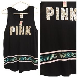 NWT VICTORIA’S SECRET PINK LOGO SEQUIN RACERBACK TROPICAL PRINT‎ TANK TOP SMALL